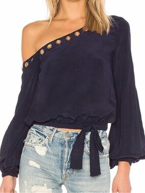 Lovers + Friends Navy One-Shoulder Blouse with Gold Buttons